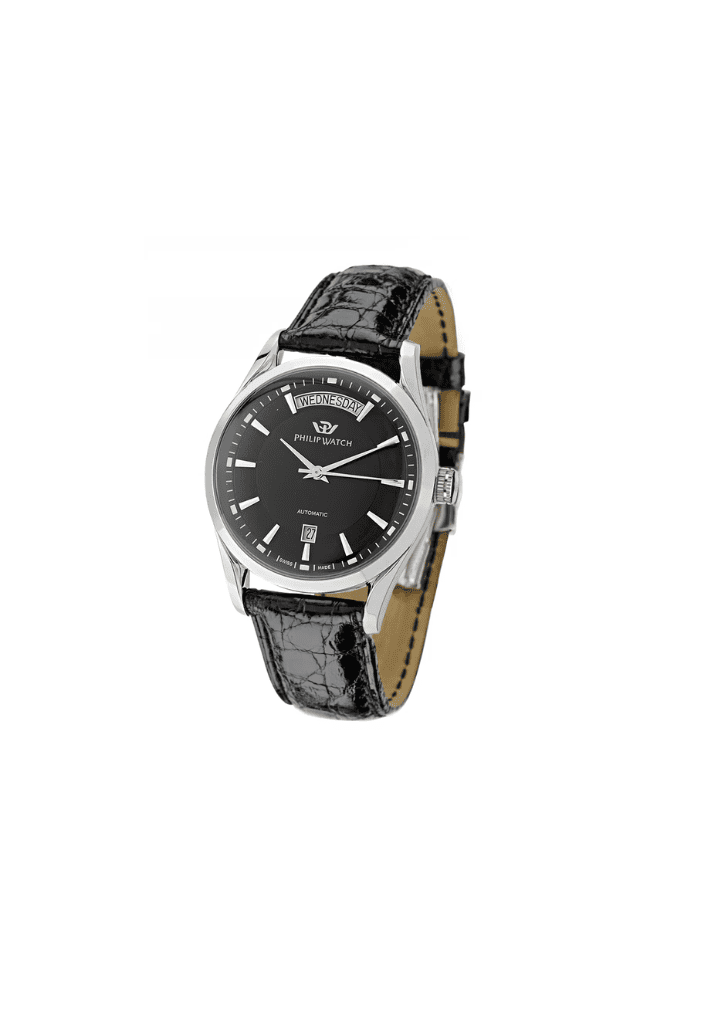 Orologio da polso Philip Watch, cassa acciaio e quadrante nero, cinturino pelle nero