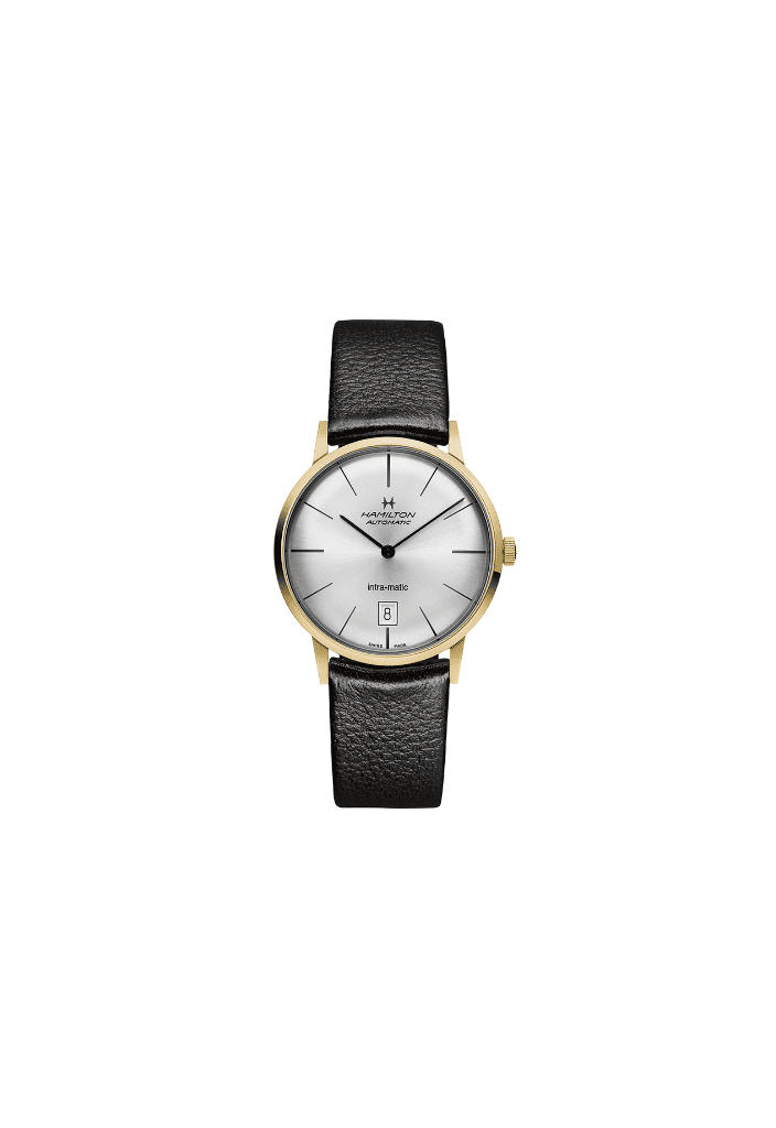 Orologio Hamilton con cinturino nero e quadrante argento, cassa PVD giallo