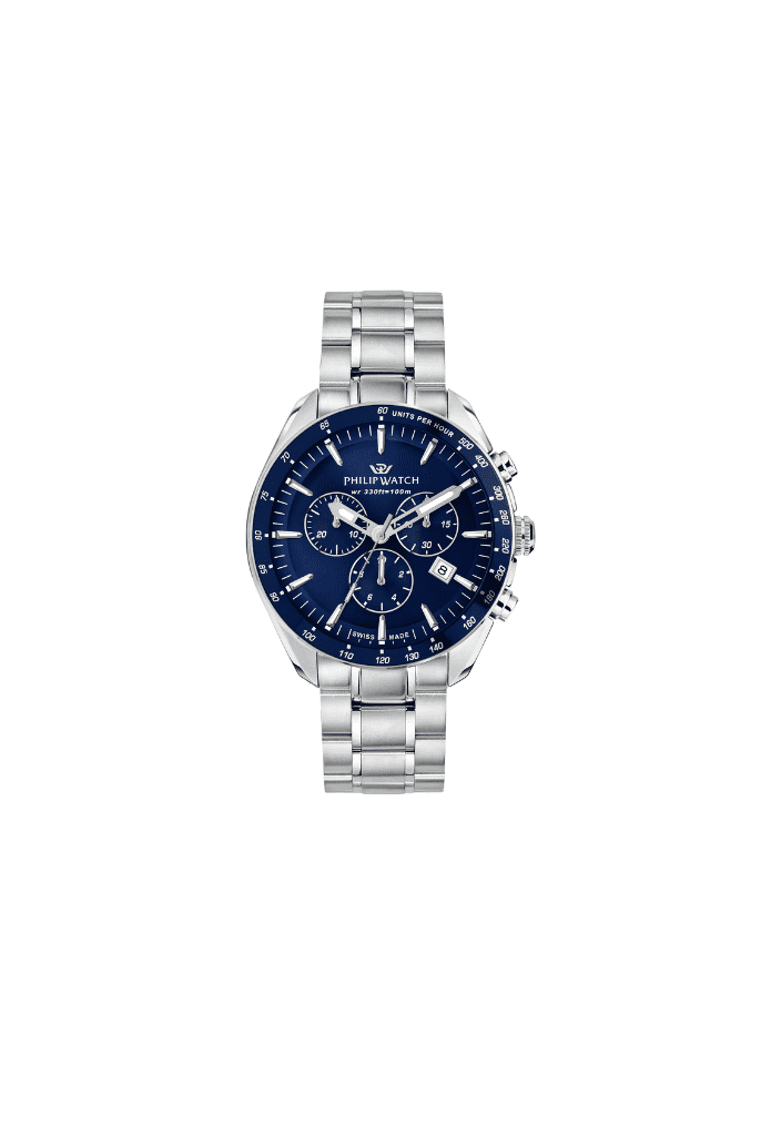 Orologio cronografo con quadrante blu e bracciale acciaio, chiusura visibile