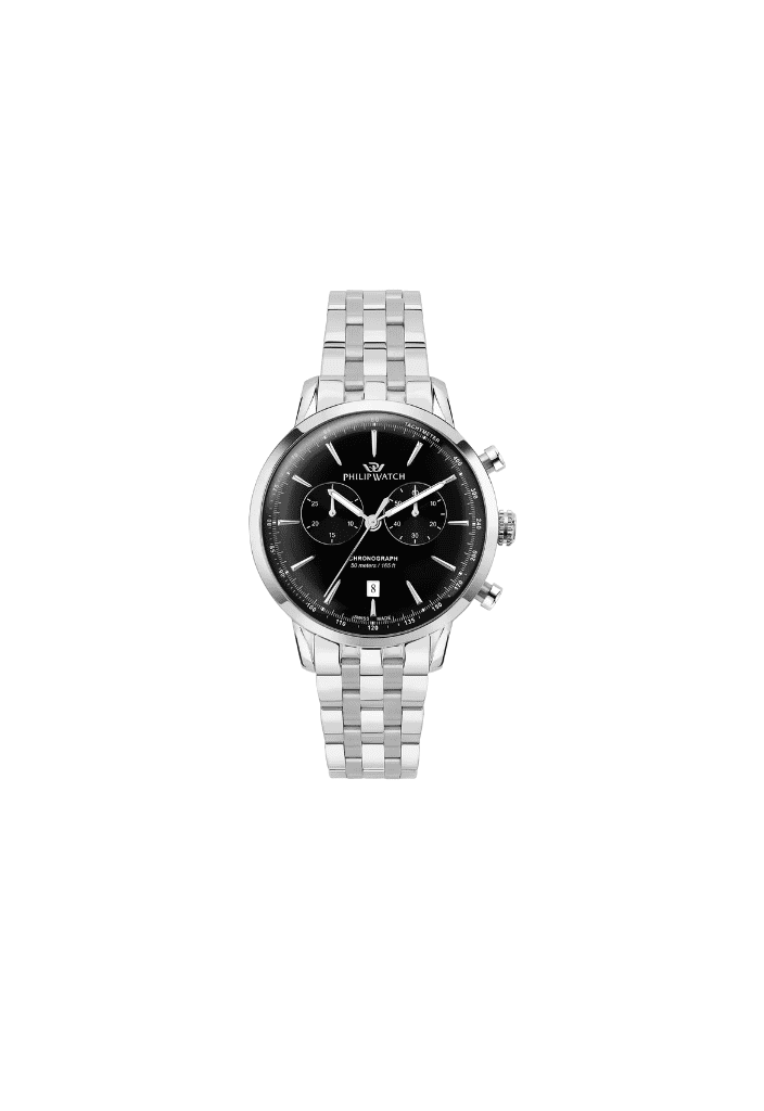 Orologio cronografo con quadrante nero e bracciale in acciaio argentato