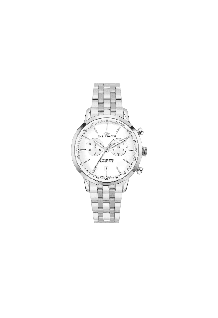 Orologio da polso cronografo in acciaio argento, quadrante argento, cinturino a maglie