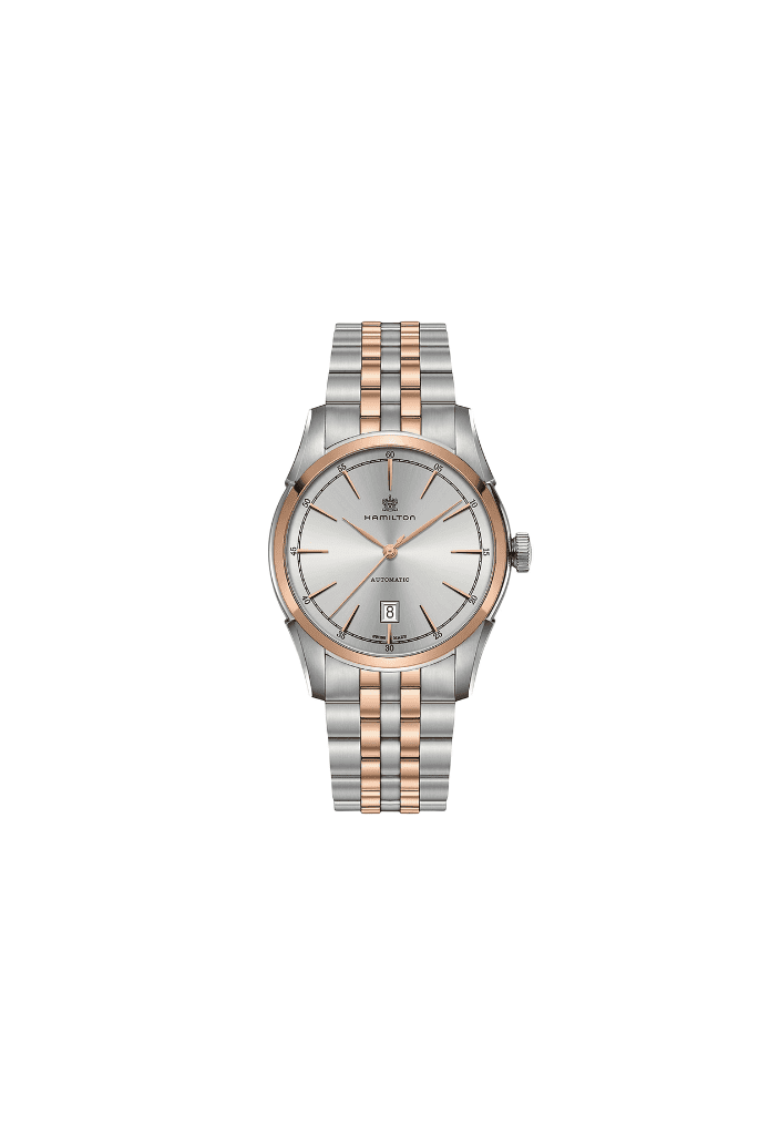 Orologio automatico uomo in acciaio PVD rosa, quadrante argento, cinturino bicolore