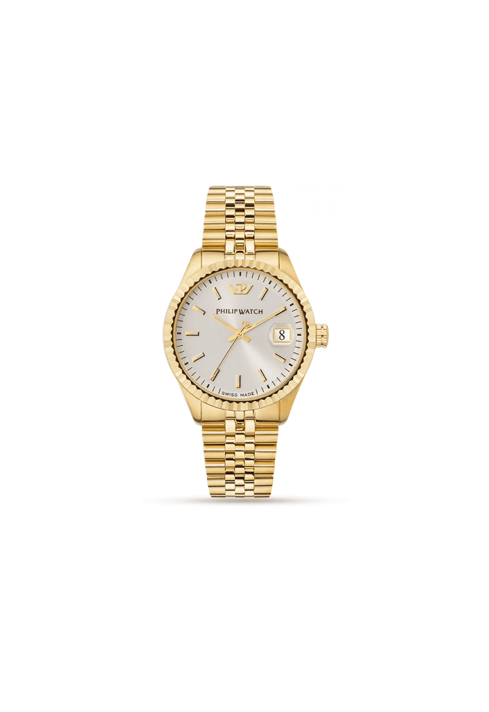 Orologio da polso oro con quadrante bianco e bracciale a maglie in metallo