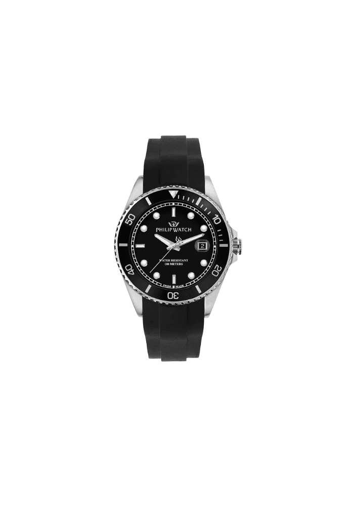 Orologio con quadrante nero, lunetta nera e cinturino nero in silicone