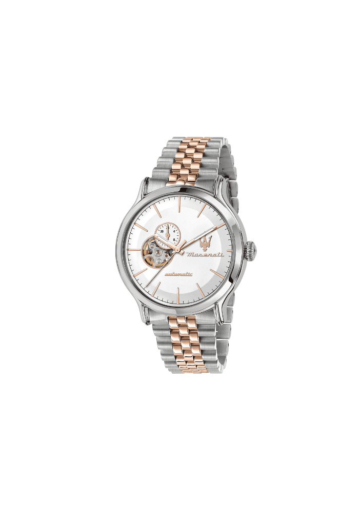 Orologio automatico da uomo bicolore in acciaio, quadrante scheletrato bianco