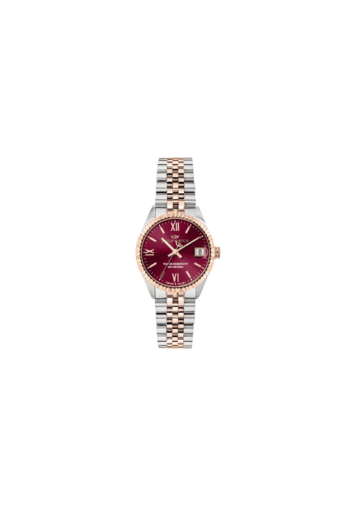 Orologio da donna con quadrante rosso bordeaux e cinturino a maglie bicolore