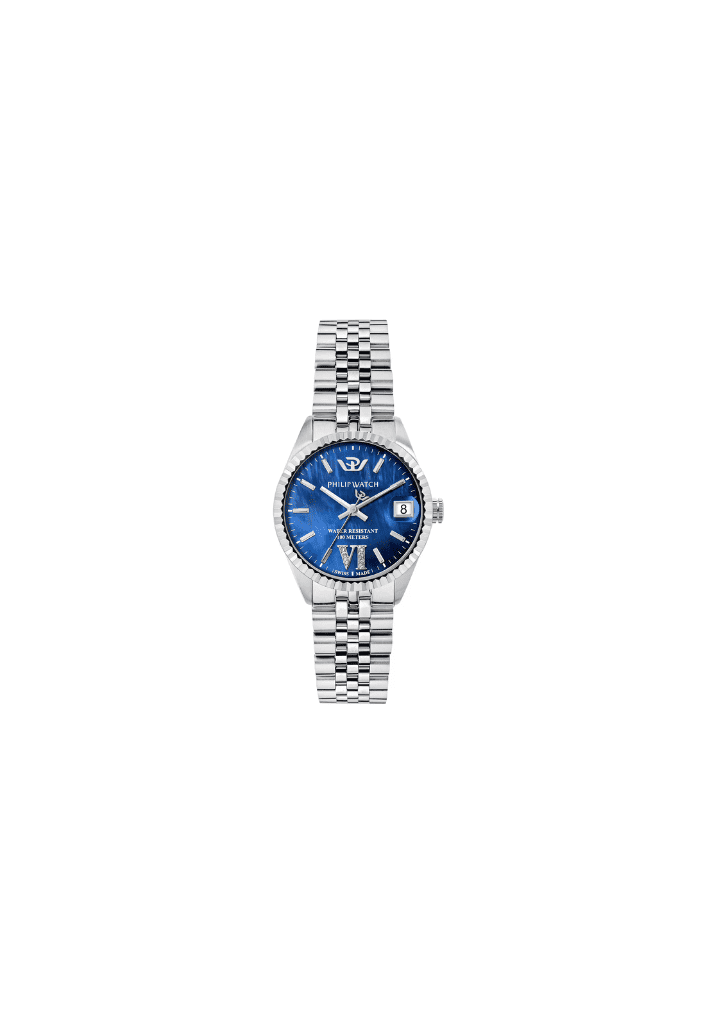 Orologio da donna in acciaio con quadrante blu e indici; bracciale metallico a maglie