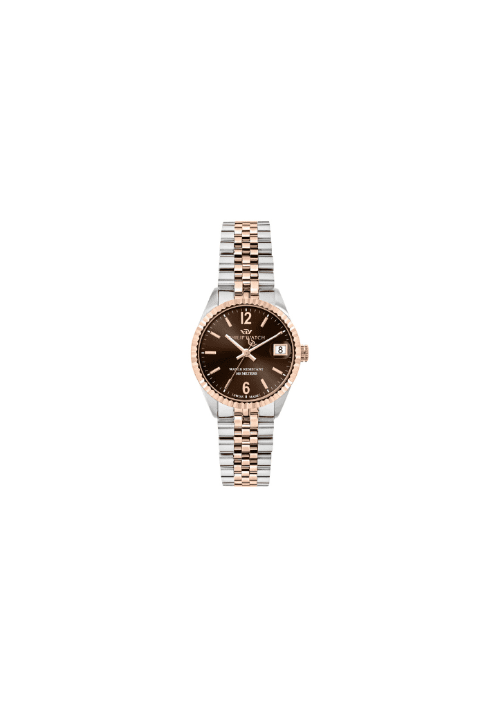 Orologio donna acciaio con quadrante marrone sunray e datario, bracciale due toni