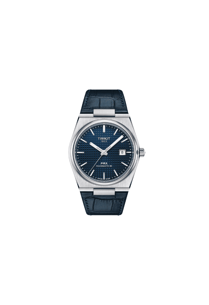 Orologio Tissot PRX Powermatic 80 con quadrante blu e cinturino in pelle scura, 40 mm