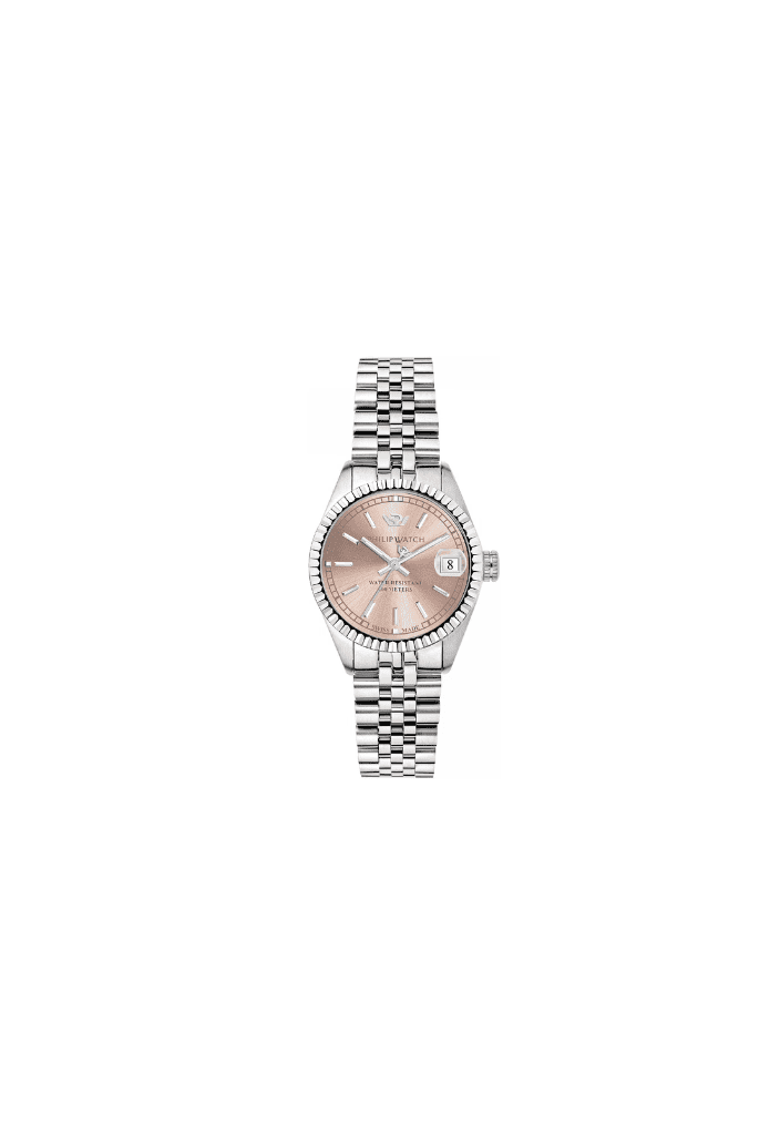 Orologio da donna con cassa rettangolare rosa e bracciale d’acciaio a maglia, quadrante argento