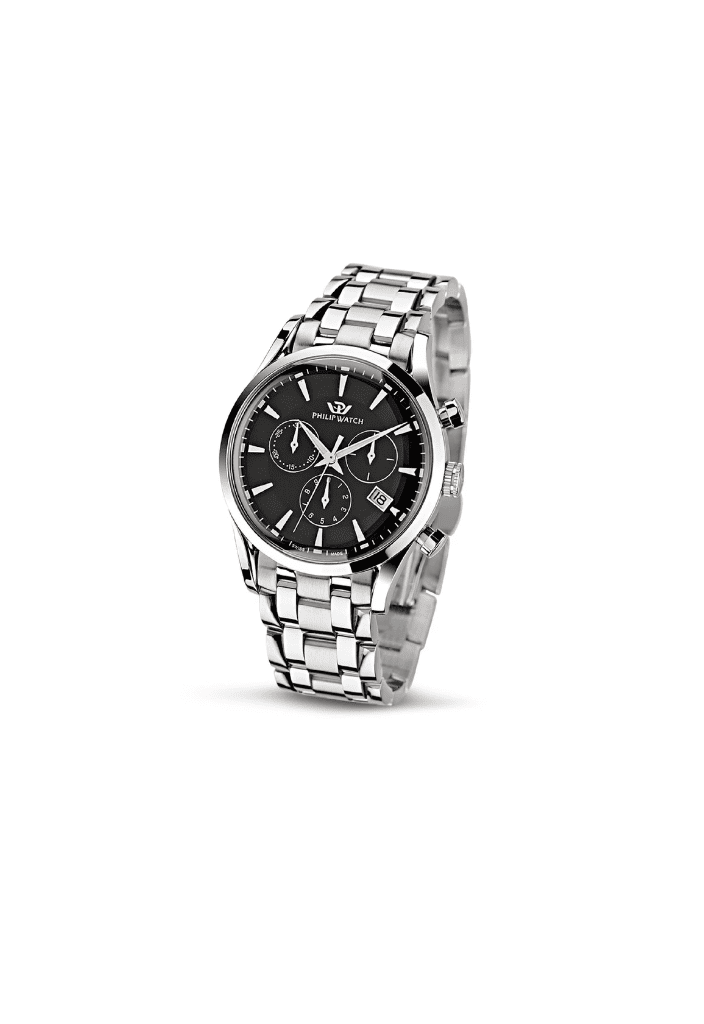 Orologio cronografo in acciaio con quadrante nero e bracciale a maglie