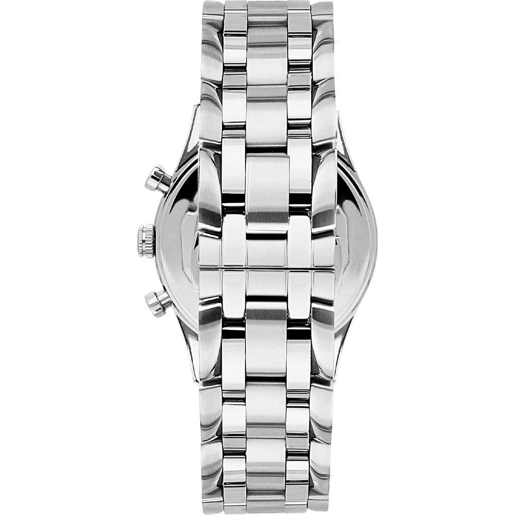 Orologio cronografo in acciaio vista laterale con bracciale a maglie
