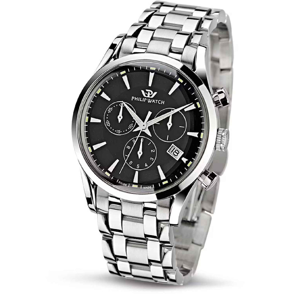 Orologio PHILIPWATCH cronografo in acciaio con quadrante nero e bracciale a maglie