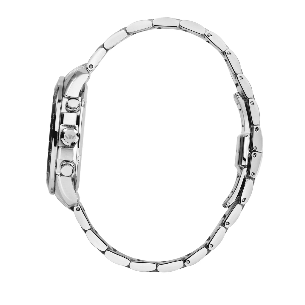 Orologio cronografo con cinturino in maglie metalliche argento, finitura lucida