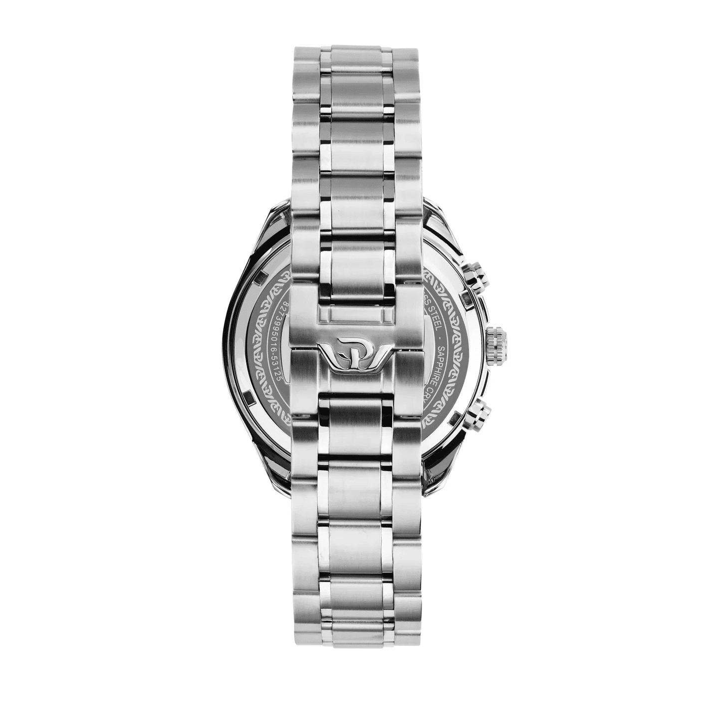 Orologio cronografo con cassa e bracciale in acciaio argento, pulsanti laterali