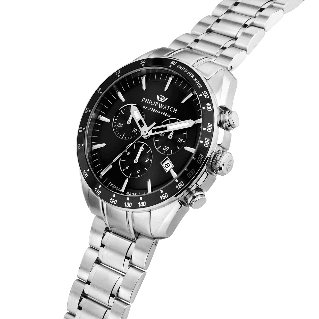 Orologio cronografo quadrante nero, datario a ore 4 e bracciale in acciaio