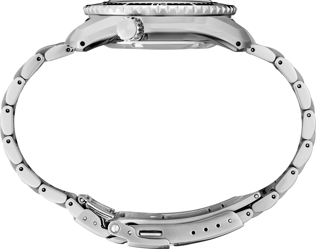 Orologio subacqueo automatico visto di lato, cassa e bracciale in acciaio.
