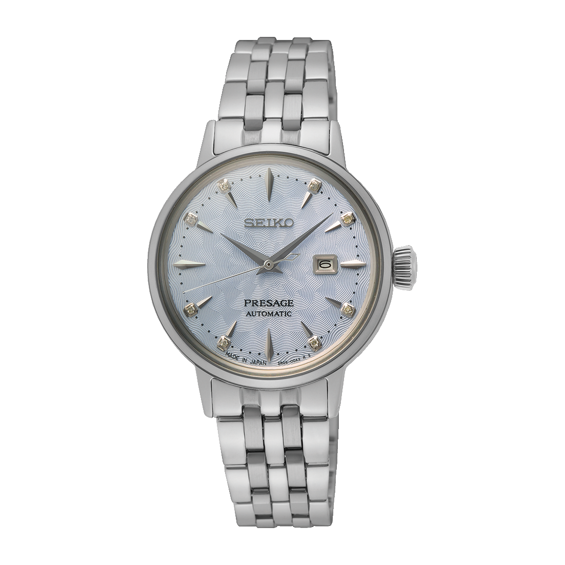 Seiko Presage Cocktail Time Sky Diving Automatico Donna 30,3 mm Acciaio Quadrante Azzurro 8 Diamanti Vetro Hardlex Box-Shaped Data Bracciale Acciaio 50 m Ref. SRE007J1