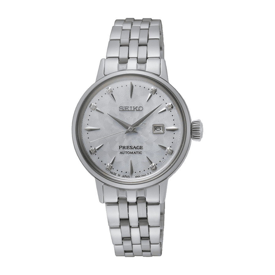 Seiko Presage Cocktail Time Sky Diving Automatico Donna 30,3 mm Acciaio Quadrante Azzurro 8 Diamanti Vetro Hardlex Box-Shaped Data Bracciale Acciaio 50 m Ref. SRE007J1