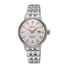Seiko Presage Cocktail Time Clover Club Automatico Donna 30,3 mm Acciaio Quadrante Bianco 8 Diamanti Dettagli Oro Rosa Vetro Hardlex Box-Shaped Data Bracciale Acciaio 50 m Ref. SRE009J1