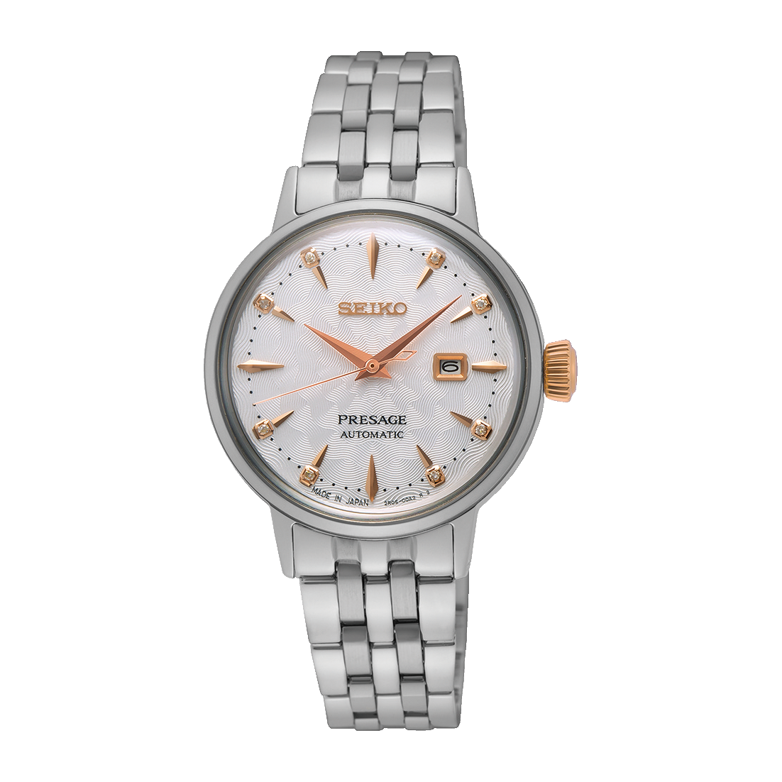 Seiko Presage Cocktail Time Clover Club Automatico Donna 30,3 mm Acciaio Quadrante Bianco 8 Diamanti Dettagli Oro Rosa Vetro Hardlex Box-Shaped Data Bracciale Acciaio 50 m Ref. SRE009J1