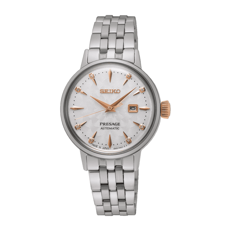 Seiko Presage Cocktail Time Clover Club Automatico Donna 30,3 mm Acciaio Quadrante Bianco 8 Diamanti Dettagli Oro Rosa Vetro Hardlex Box-Shaped Data Bracciale Acciaio 50 m Ref. SRE009J1