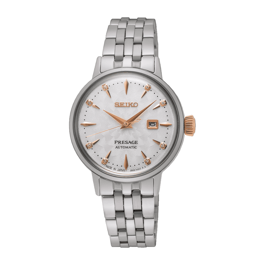 Seiko Presage Cocktail Time Clover Club Automatico Donna 30,3 mm Acciaio Quadrante Bianco 8 Diamanti Dettagli Oro Rosa Vetro Hardlex Box-Shaped Data Bracciale Acciaio 50 m Ref. SRE009J1