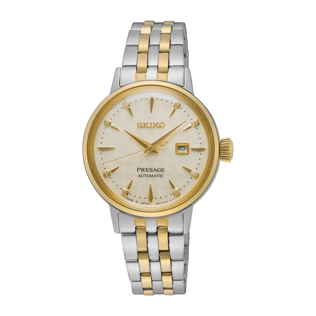 Seiko Presage Cocktail Time White Lady Automatico Donna 30,3 mm Acciaio Oro Quadrante Dorato 8 Diamanti Vetro Hardlex Box-Shaped Data Bracciale Acciaio Oro 50 m Ref. SRE010J1 Oasi Watch