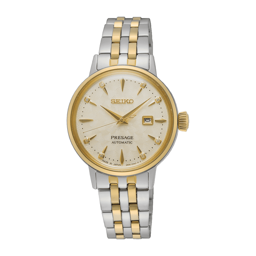 Seiko Presage Cocktail Time White Lady Automatico Donna 30,3 mm Acciaio Oro Quadrante Dorato 8 Diamanti Vetro Hardlex Box-Shaped Data Bracciale Acciaio Oro 50 m Ref. SRE010J1