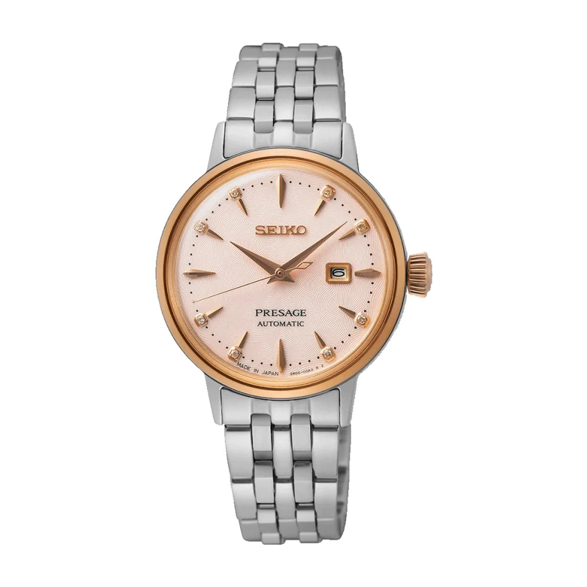 Seiko Presage Cocktail Time Pink Lady Automatico Donna 30,3 mm Acciaio Oro Rosa Quadrante Rosa 8 Diamanti Vetro Hardlex Box-Shaped Data Bracciale Acciaio 50 m Ref. SRE012J1