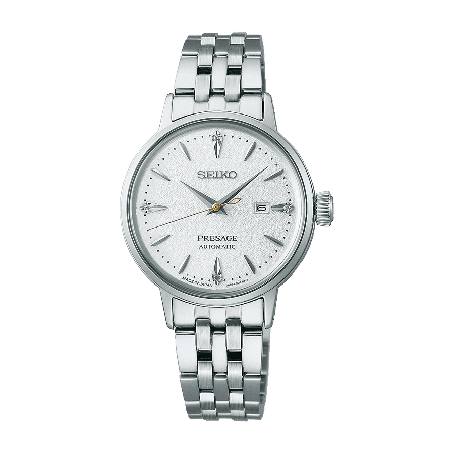 Seiko Presage Cocktail Time Automatico Donna 30,3 mm Acciaio Quadrante Bianco Diamanti Vetro Hardlex Box-Shaped Data Bracciale Acciaio 50 m Ref. SRE017J1