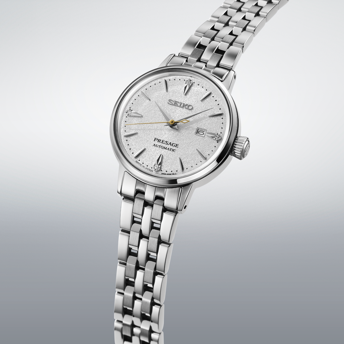 Seiko Presage Cocktail Time Automatico Donna 30,3 mm Acciaio Quadrante Bianco Diamanti Vetro Hardlex Box-Shaped Data Bracciale Acciaio 50 m Ref. SRE017J1 Oasi Watch