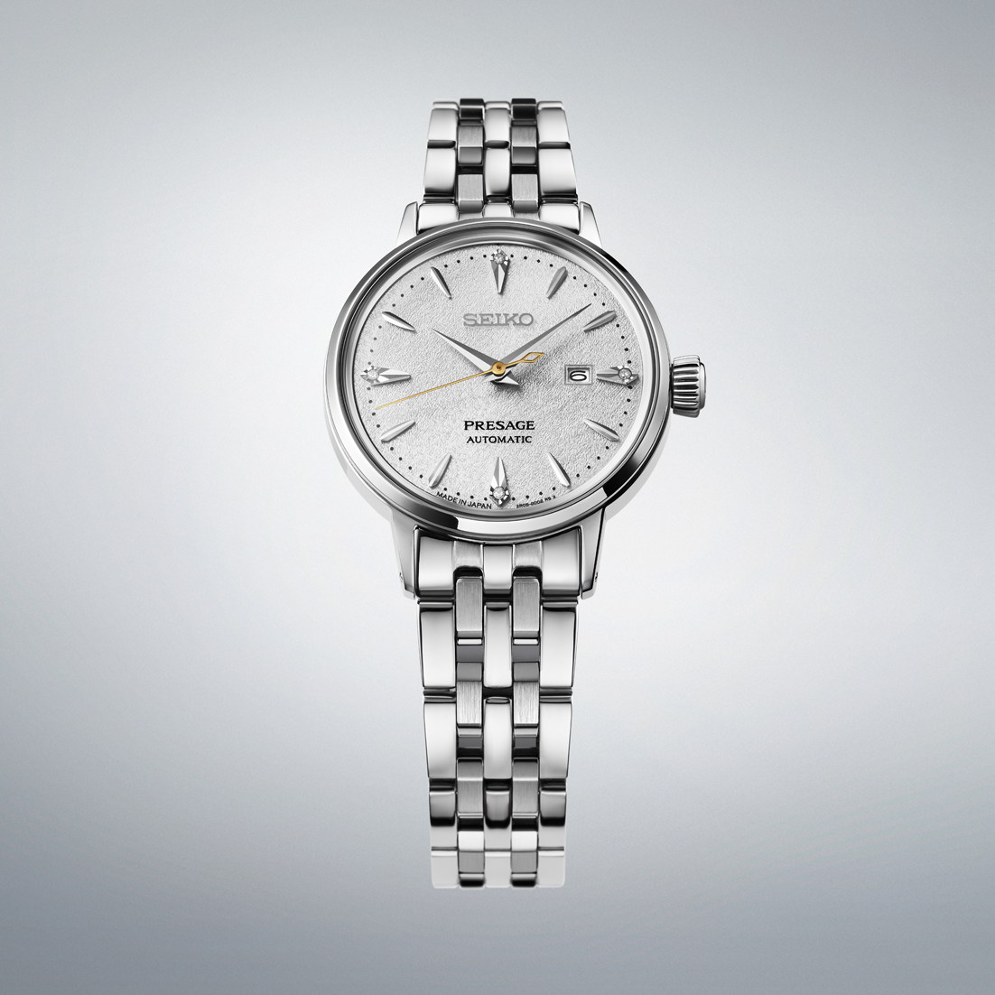 Seiko Presage Cocktail Time Automatico Donna 30,3 mm Acciaio Quadrante Bianco Diamanti Vetro Hardlex Box-Shaped Data Bracciale Acciaio 50 m Ref. SRE017J1 Oasi Watch