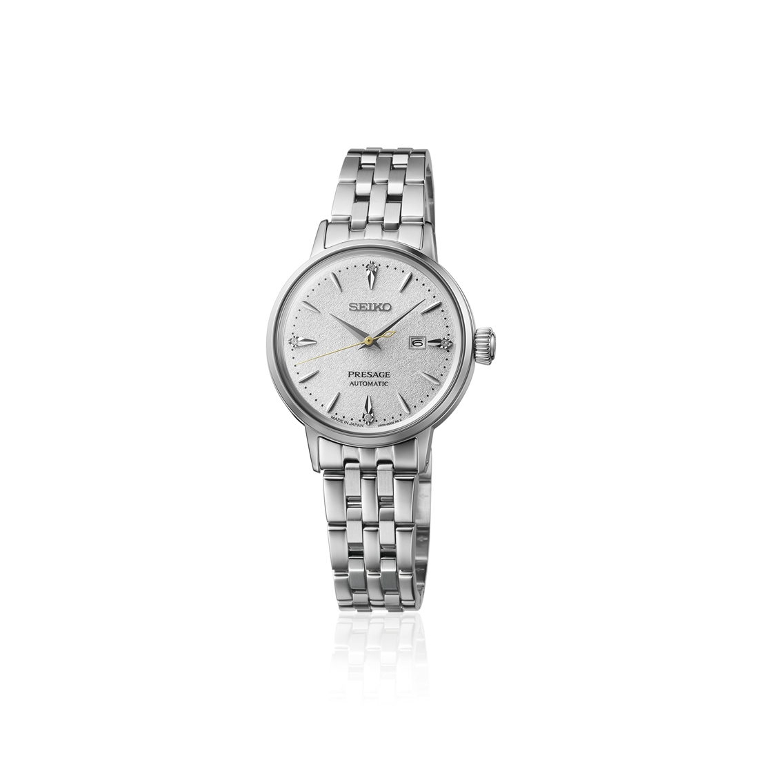 Seiko Presage Cocktail Time Automatico Donna 30,3 mm Acciaio Quadrante Bianco Diamanti Vetro Hardlex Box-Shaped Data Bracciale Acciaio 50 m Ref. SRE017J1 Oasi Watch