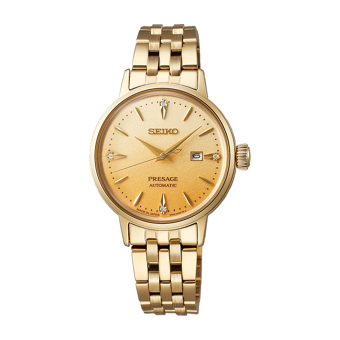 Seiko Presage Cocktail Time Eggnog Automatico Donna 30,3 mm Acciaio Oro Giallo Quadrante Dorato 4 Diamanti Vetro Hardlex Box-Shaped Data Bracciale Acciaio Oro 50 m Ref. SRE018J1 Oasi Watch