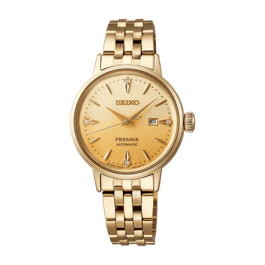 Seiko Presage Cocktail Time Eggnog Automatico Donna 30,3 mm Acciaio Oro Giallo Quadrante Dorato 4 Diamanti Vetro Hardlex Box-Shaped Data Bracciale Acciaio Oro 50 m Ref. SRE018J1