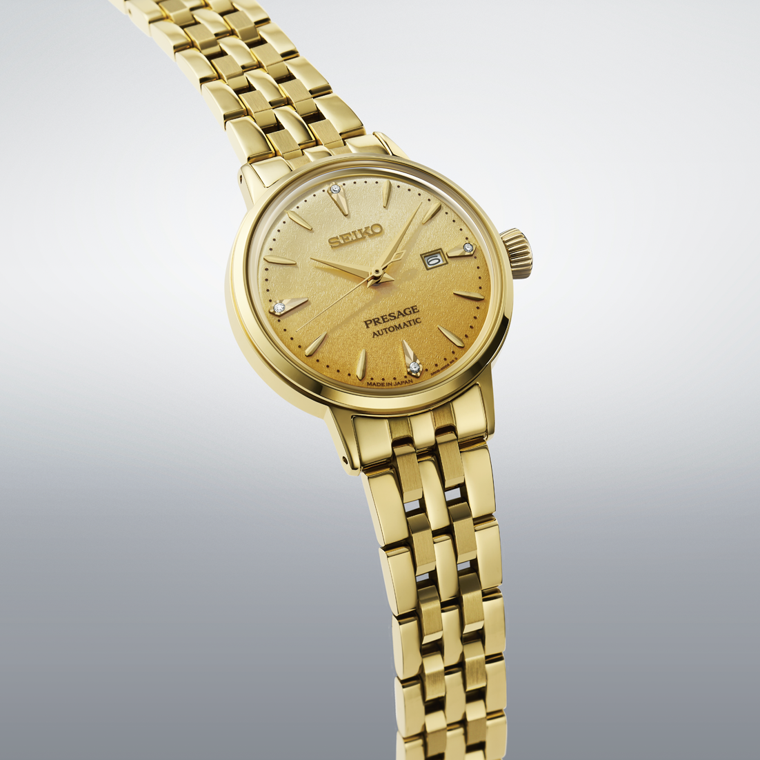 Seiko Presage Cocktail Time Eggnog Automatico Donna 30,3 mm Acciaio Oro Giallo Quadrante Dorato 4 Diamanti Vetro Hardlex Box-Shaped Data Bracciale Acciaio Oro 50 m Ref. SRE018J1