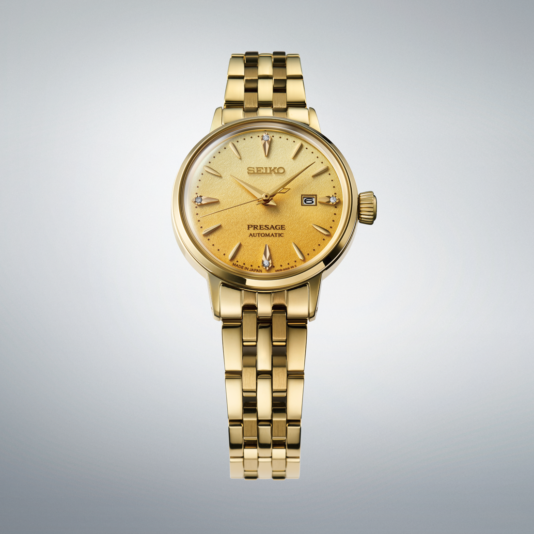 Seiko Presage Cocktail Time Eggnog Automatico Donna 30,3 mm Acciaio Oro Giallo Quadrante Dorato 4 Diamanti Vetro Hardlex Box-Shaped Data Bracciale Acciaio Oro 50 m Ref. SRE018J1 Oasi Watch