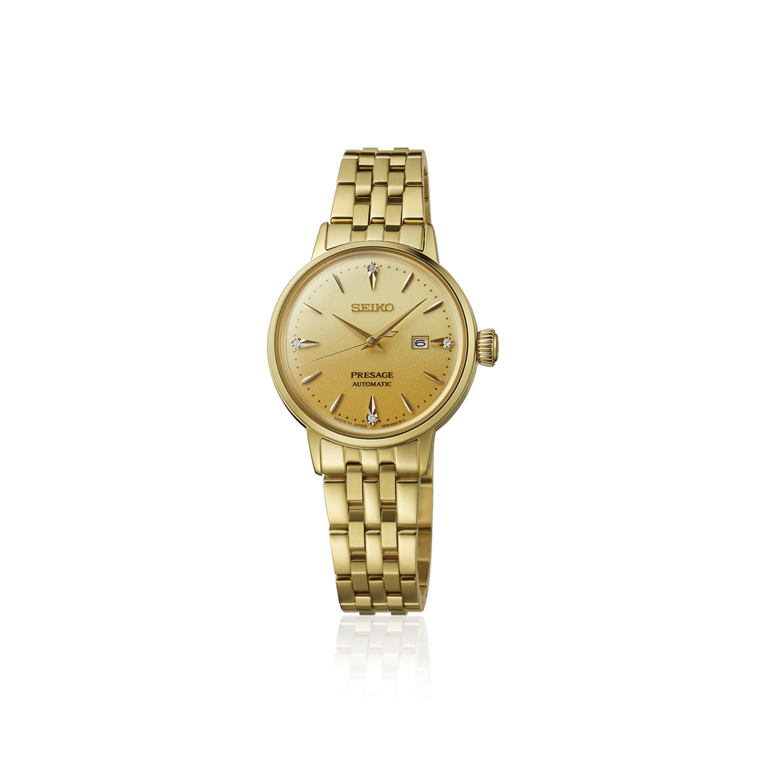 Seiko Presage Cocktail Time Eggnog Automatico Donna 30,3 mm Acciaio Oro Giallo Quadrante Dorato 4 Diamanti Vetro Hardlex Box-Shaped Data Bracciale Acciaio Oro 50 m Ref. SRE018J1 Oasi Watch