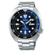 Orologio subacqueo uomo con quadrante blu, lunetta nera, bracciale in acciaio e datario