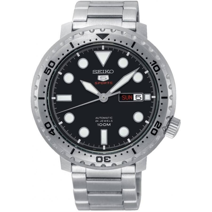 Seiko 5 Sports Bottle Cap Automatico Uomo 45 mm Acciaio Quadrante Nero Lunetta Girevole Unidirezionale Nera Vetro Hardlex Giorno e Data Bracciale Acciaio 100 m Ref. SRPC61K1