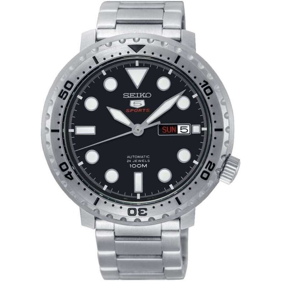 Seiko 5 Sports Bottle Cap Automatico Uomo 45 mm Acciaio Quadrante Nero Lunetta Girevole Unidirezionale Nera Vetro Hardlex Giorno e Data Bracciale Acciaio 100 m Ref. SRPC61K1