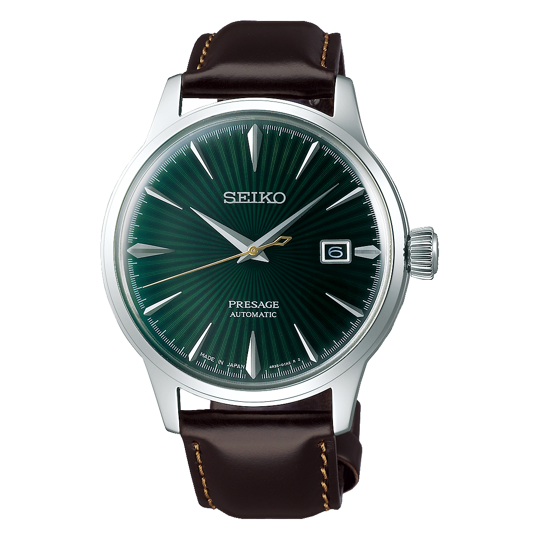 Seiko Presage Cocktail Time Mockingbird Automatico Uomo 40,5 mm Acciaio Quadrante Verde Sunray Vetro Hardlex Box-Shaped Data Cinturino Pelle Marrone 50 m Made in Japan Ref. SRPD37J1