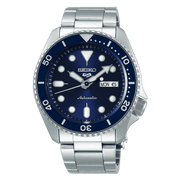 Orologio automatico Seiko con quadrante blu, lunetta blu girevole e bracciale in acciaio