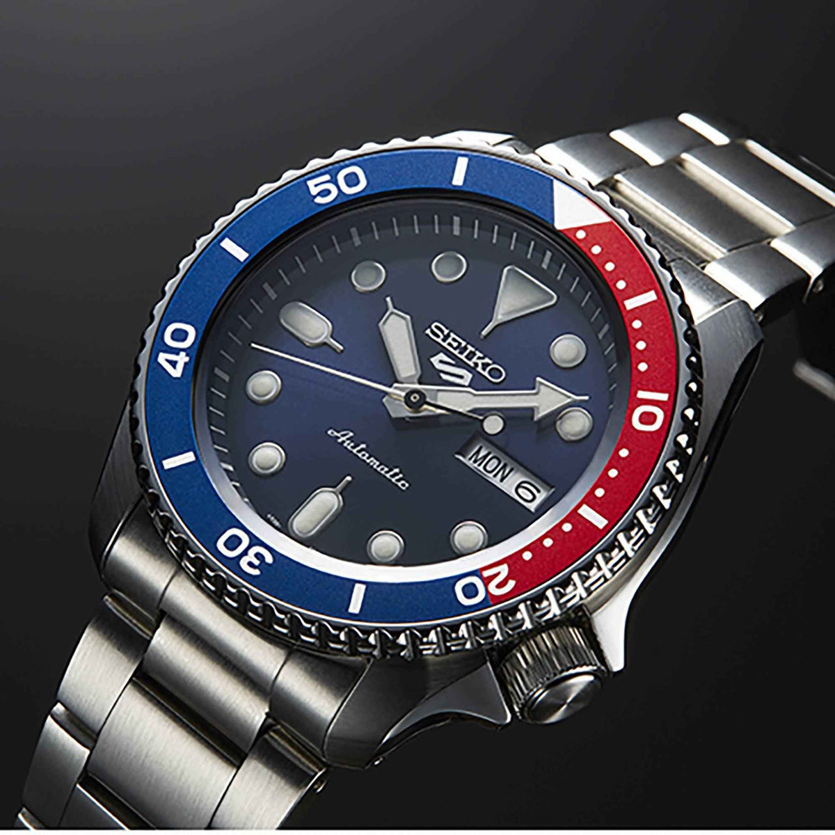 Orologio automatico Seiko 5 Sports con lunetta Pepsi blu-rossa e quadrante blu MON 6