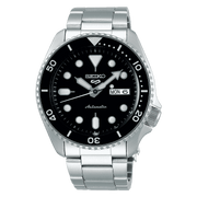 Orologio Seiko 5 Sports automatico: quadrante nero, lunetta nera, bracciale acciaio