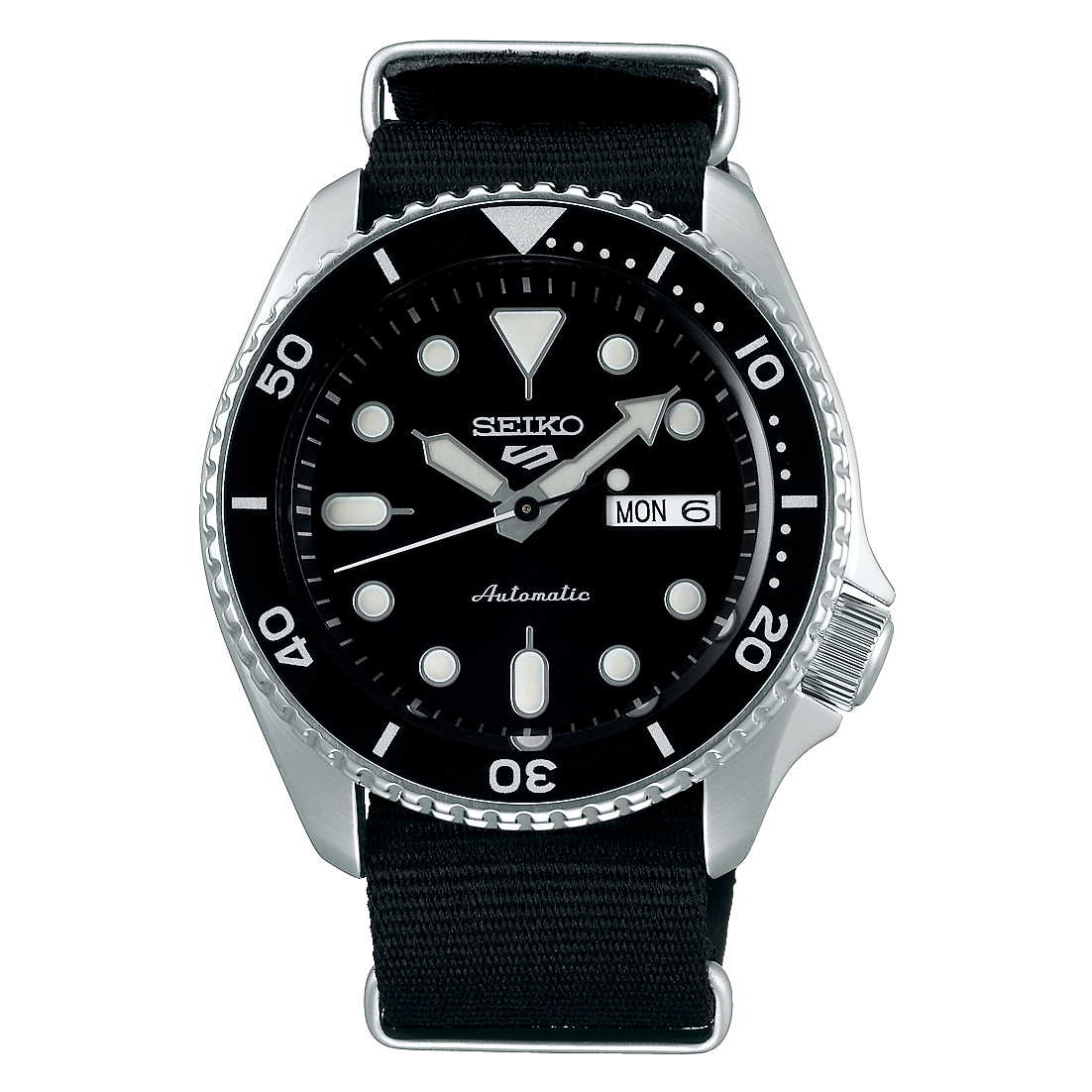 Seiko 5 Sports SKX Automatico Uomo 42,5 mm Acciaio Quadrante Nero Lunetta Girevole Unidirezionale Nera Vetro Hardlex Day-Date Cinturino Nylon Nero 100 m Ref. SRPD55K3