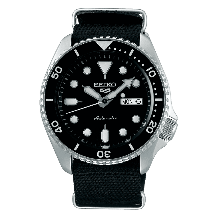 Seiko 5 Sports SKX Automatico Uomo 42,5 mm Acciaio Quadrante Nero Lunetta Girevole Unidirezionale Nera Vetro Hardlex Day-Date Cinturino Nylon Nero 100 m Ref. SRPD55K3