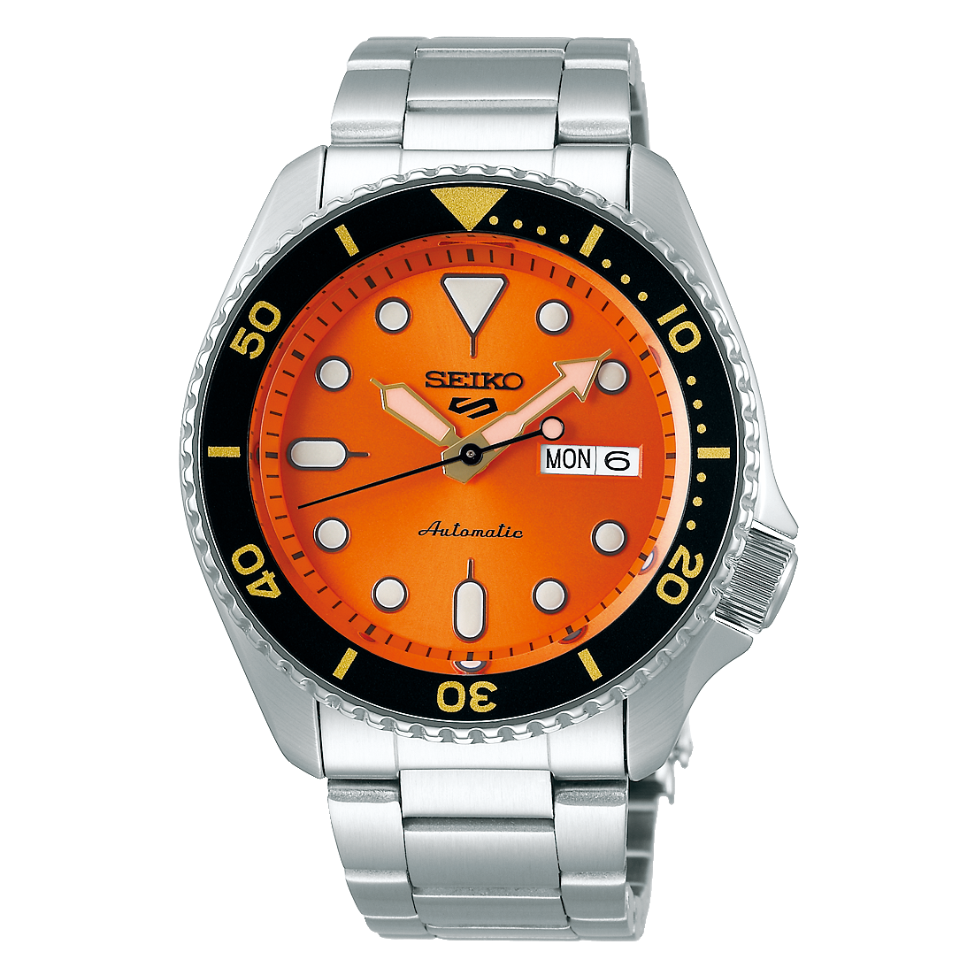 Seiko 5 Sports SKX Automatico Uomo 42,5 mm Acciaio Quadrante Arancione Soleil Lunetta Girevole Nera e Dorata Vetro Hardlex Giorno e Data Bracciale Acciaio 100 m Ref. SRPD59K1 Oasi Watch