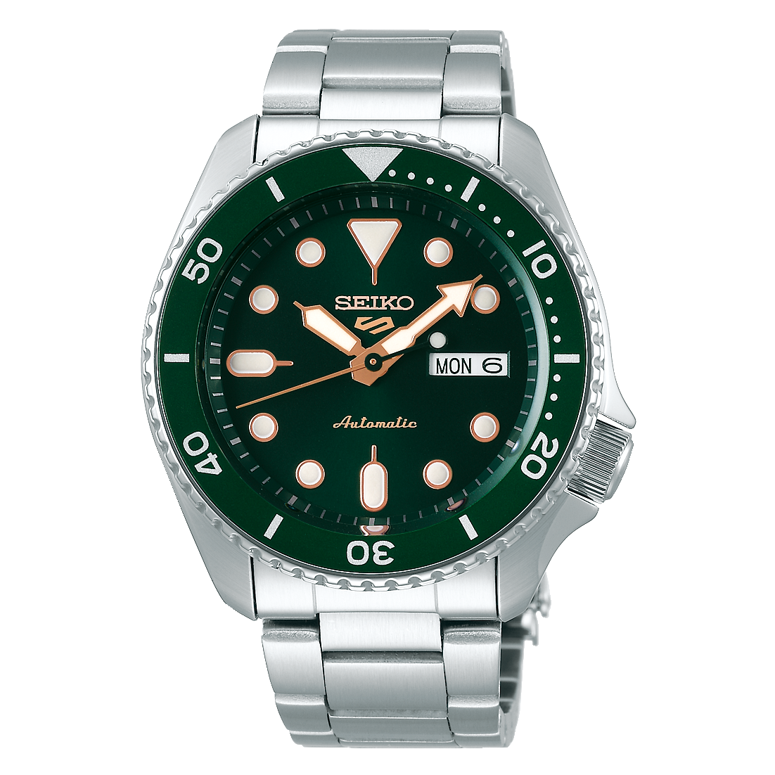 Seiko 5 Sports SKX Automatico Uomo 42,5 mm Acciaio Quadrante Verde Lunetta Girevole Unidirezionale Verde Vetro Hardlex Giorno e Data Bracciale Acciaio 100 m Ref. SRPD63K1 Oasi Watch